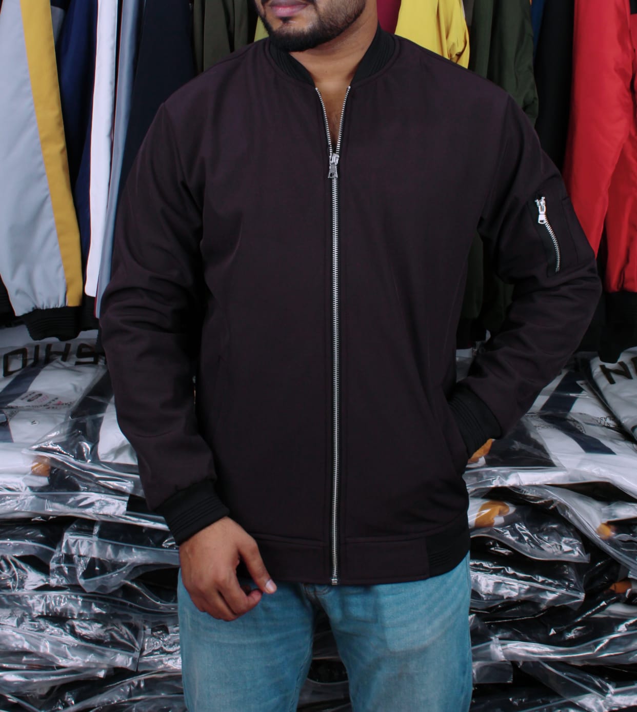 Bomber V- Neck Black Color Jacket