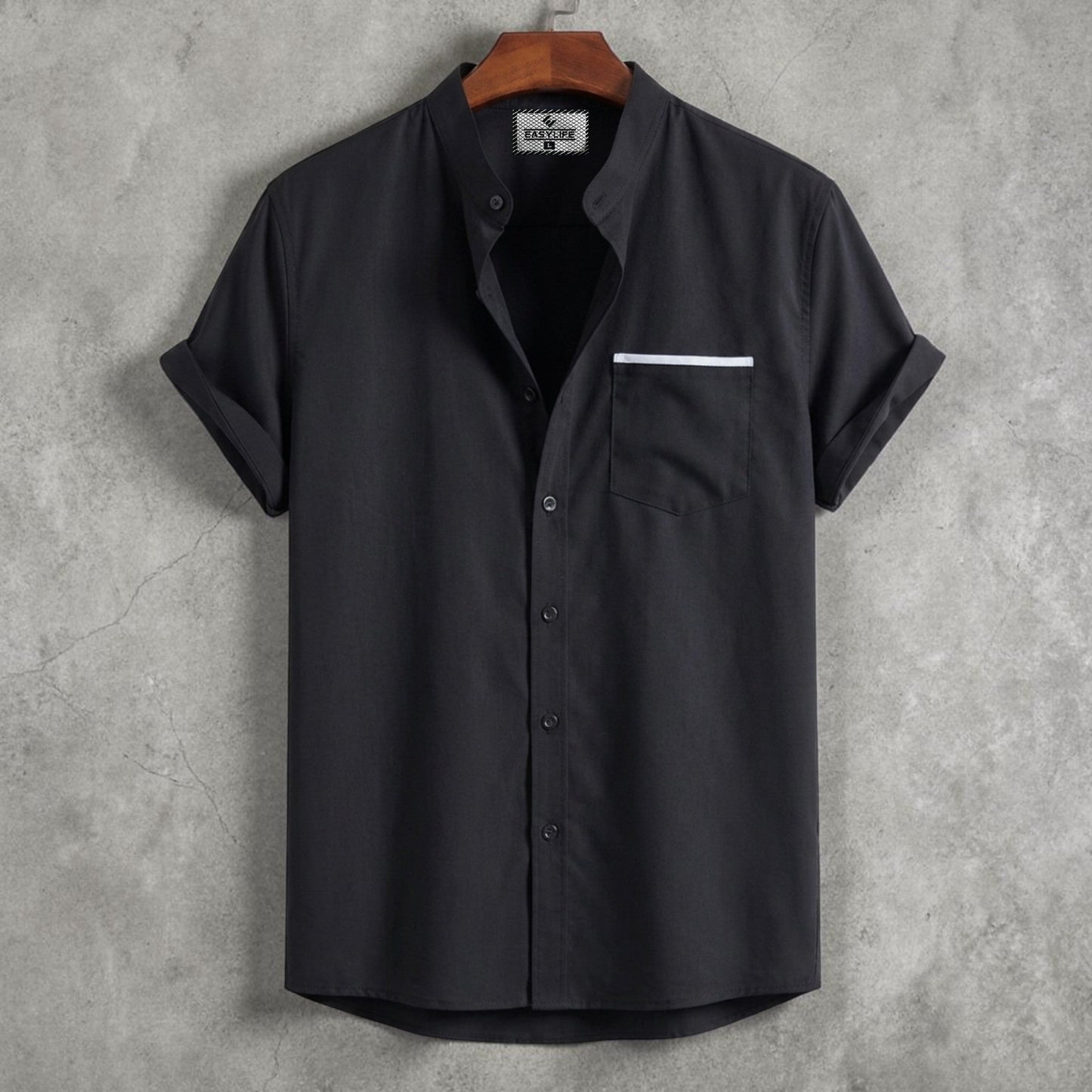 Stripe Pocket Band Collar Shirt - Black