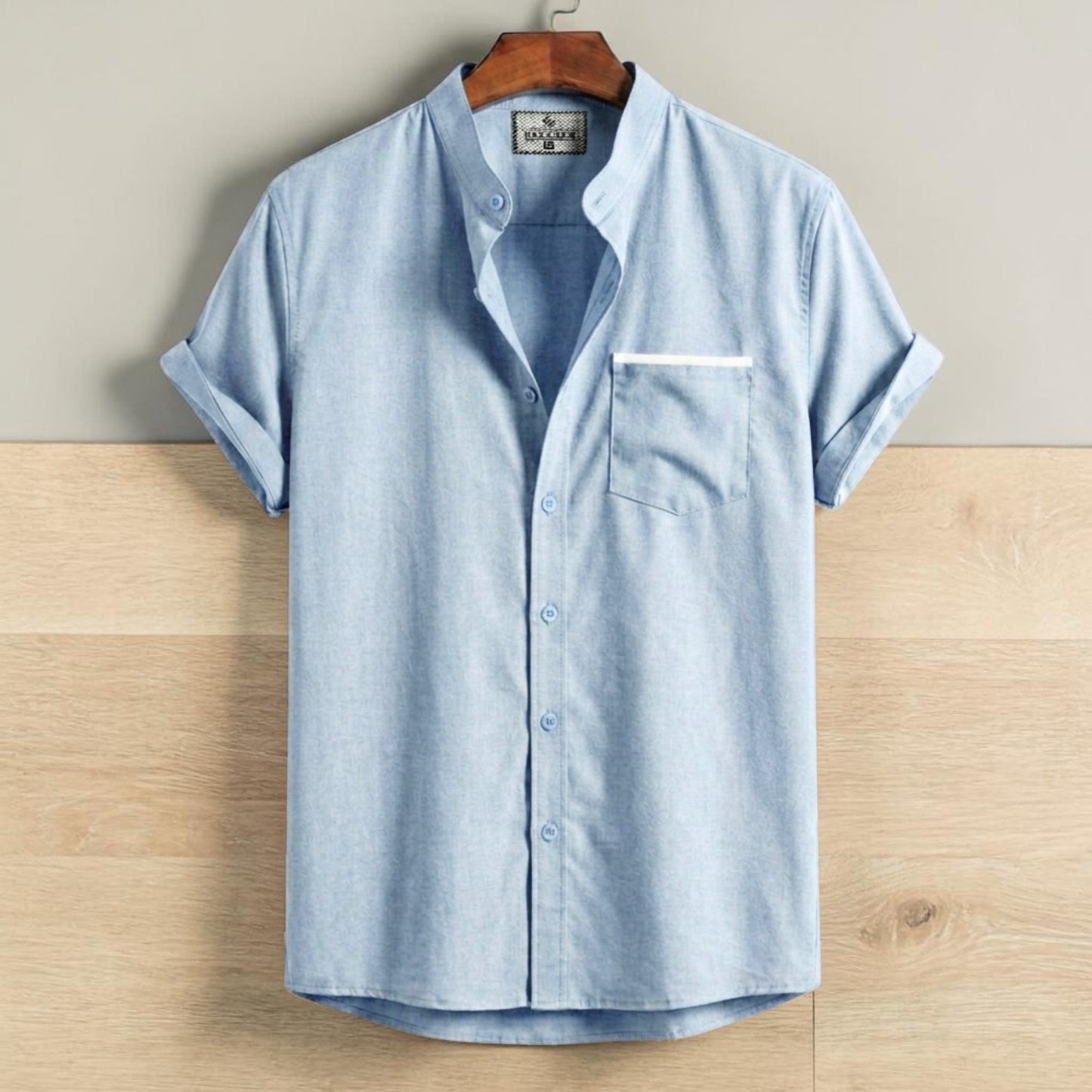 Stripe Pocket Band Collar Shirt - Sky