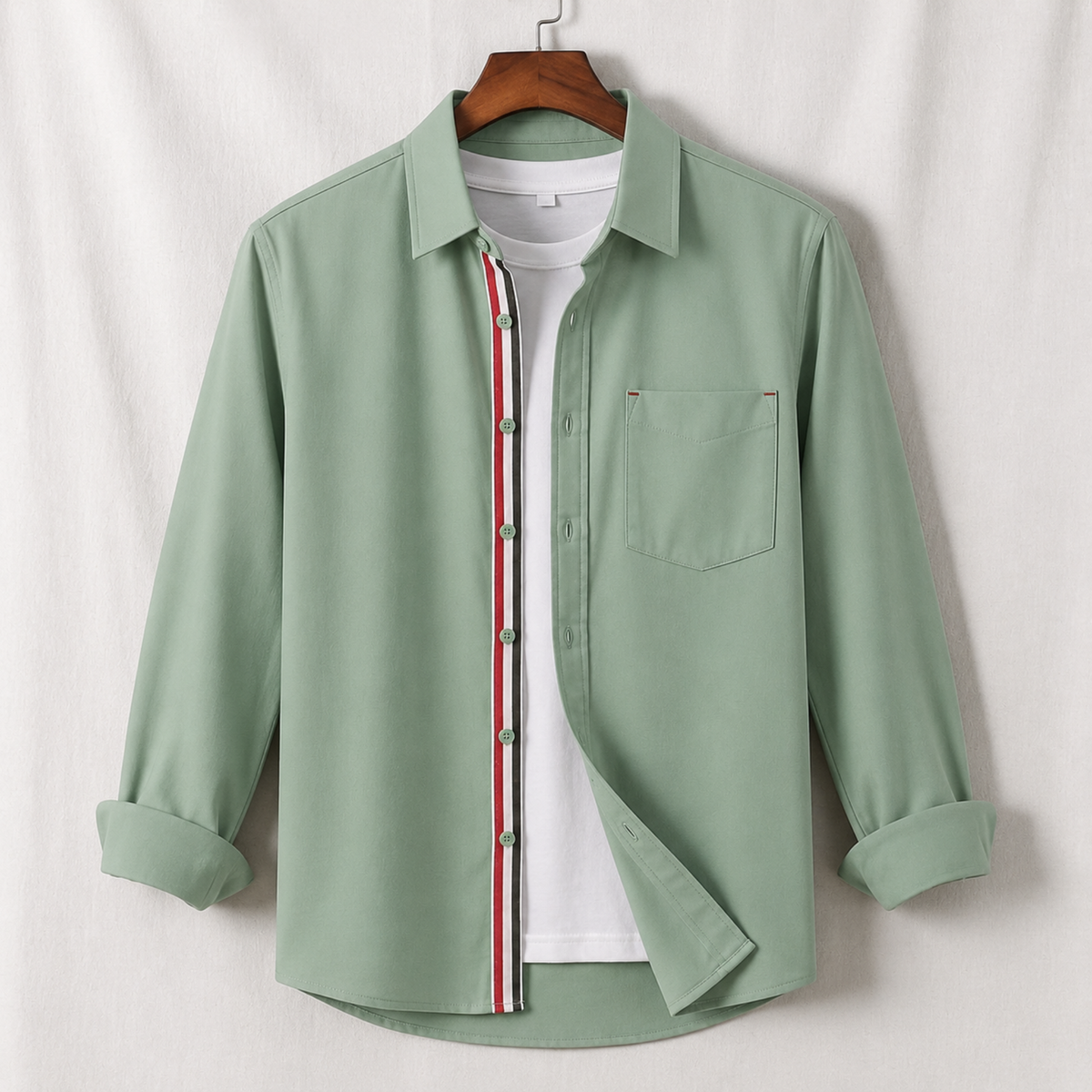 Contrast Placket Full Sleeve Shirt - Sage Green