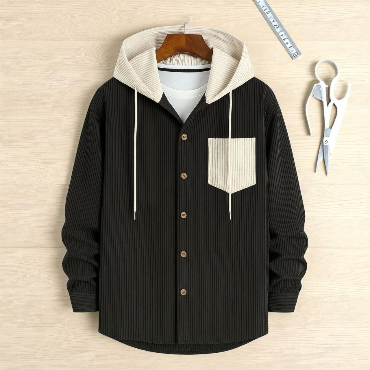 Luxury Full Sleeve Cord Hoodie - Black