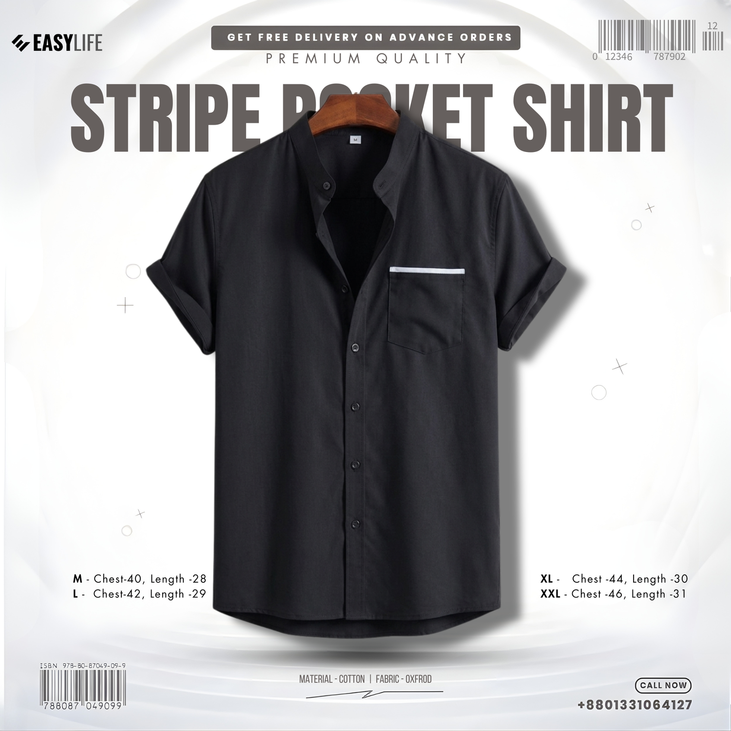 Stripe Pocket Band Collar Shirt