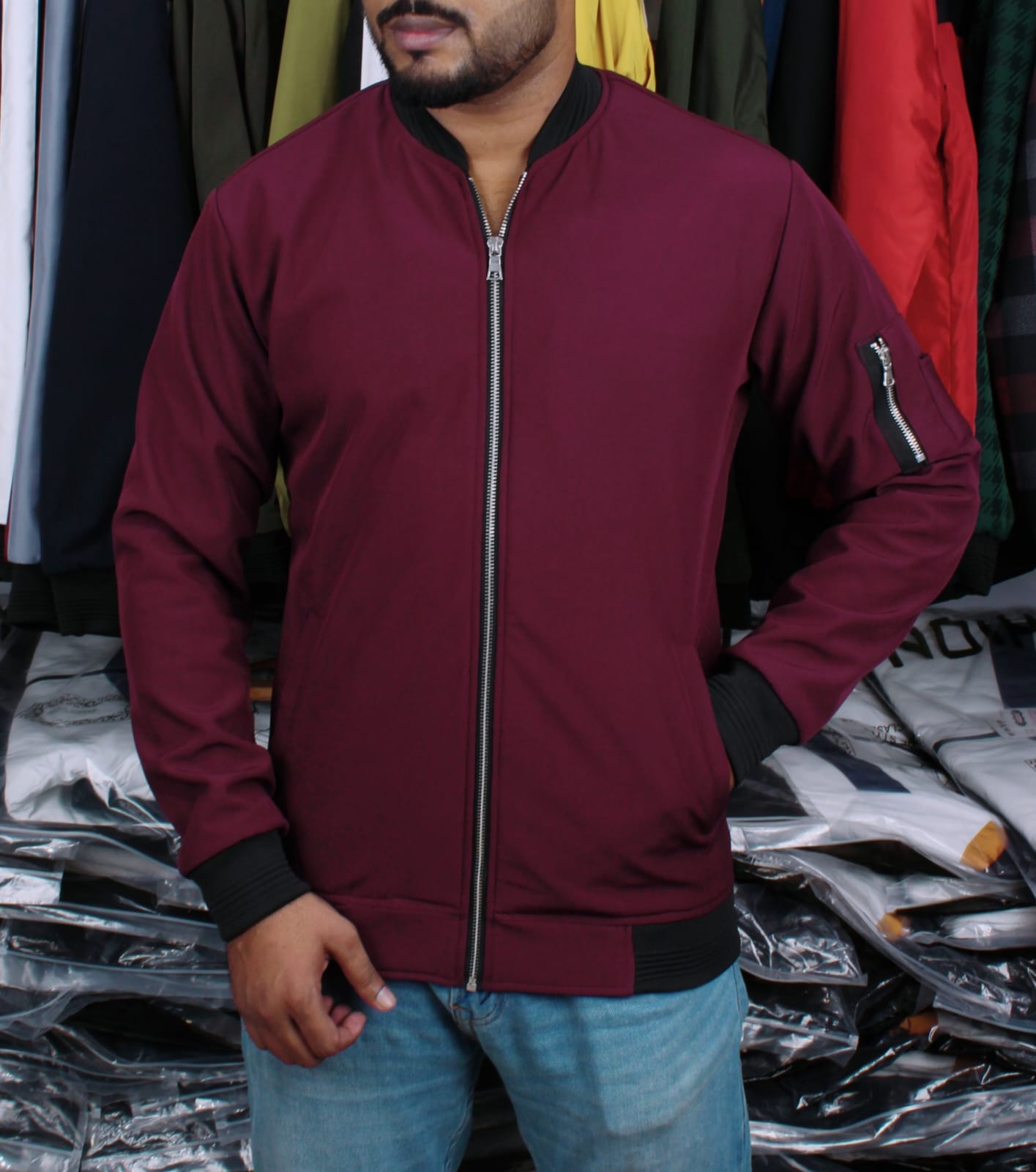 Bomber V- Neck Marron Color Jacket