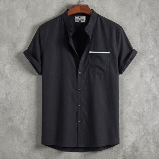 Stripe Pocket Band Collar Shirt - Black