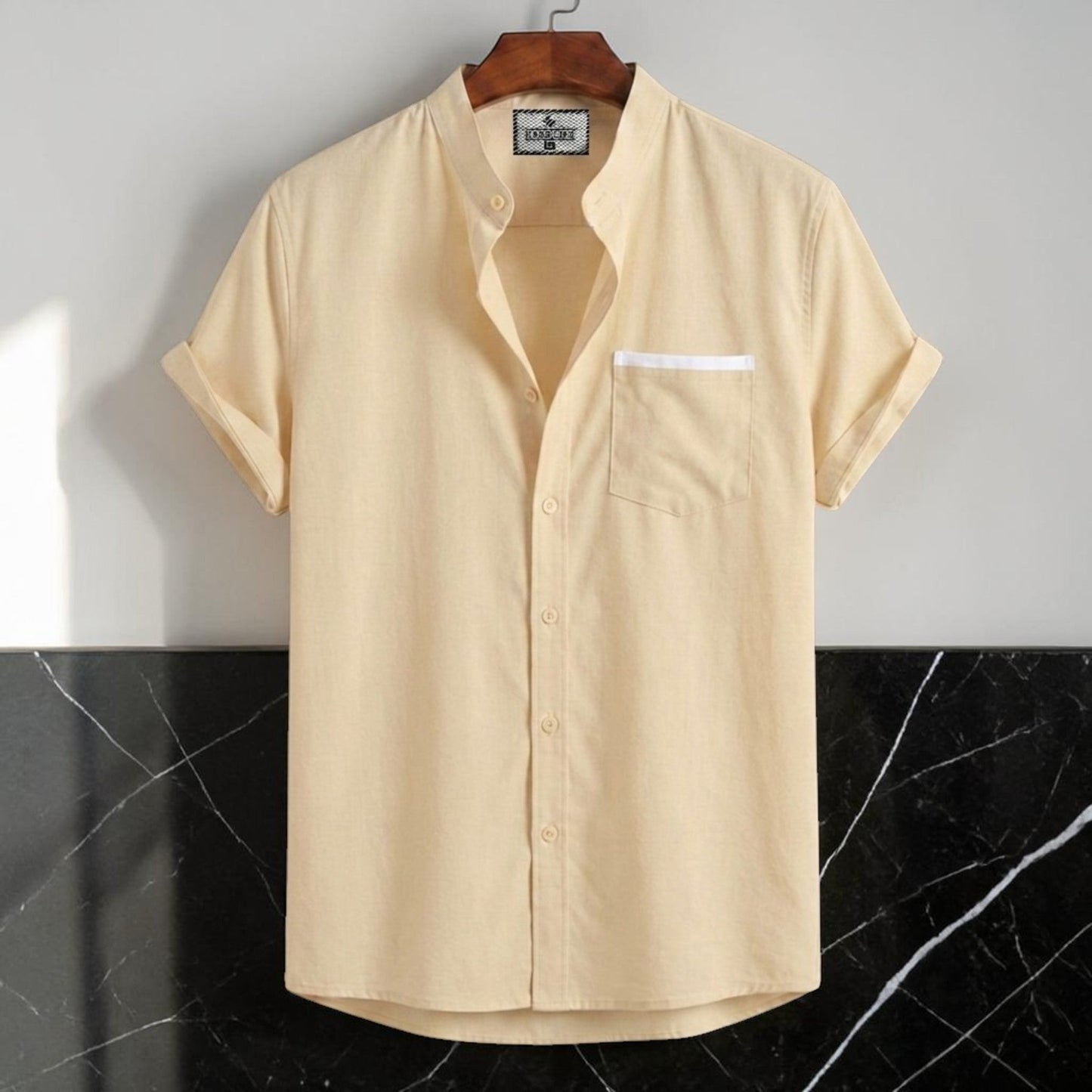 Stripe Pocket Band Collar Shirt - Cream