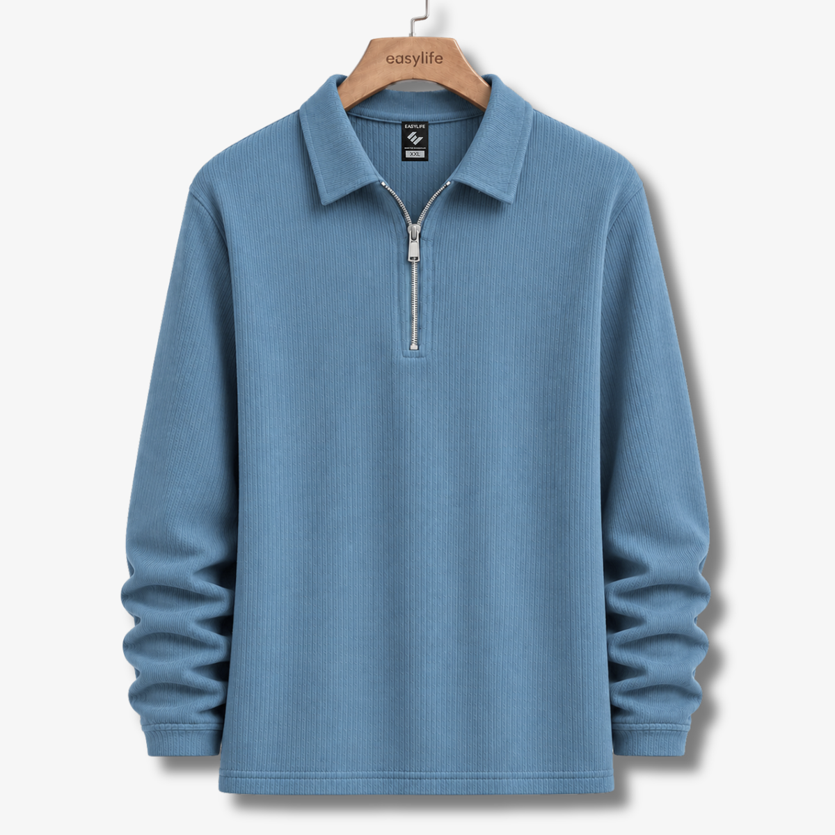 Ribbed Quarter-Zip Polo - Steel Blue