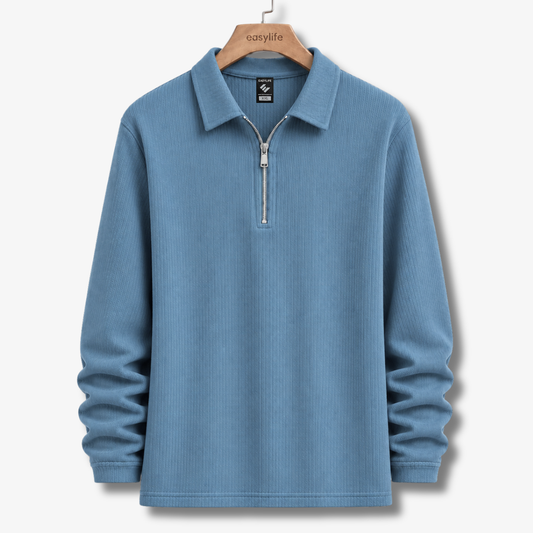 Ribbed Quarter-Zip Polo - Steel Blue