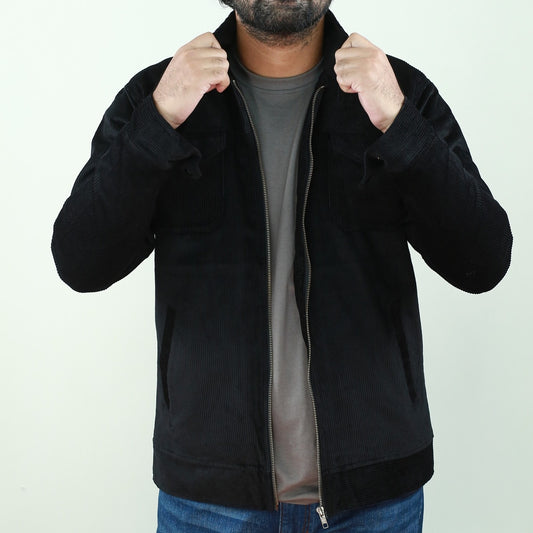 Men's Solid Black Corduroy Tailored Jacket.