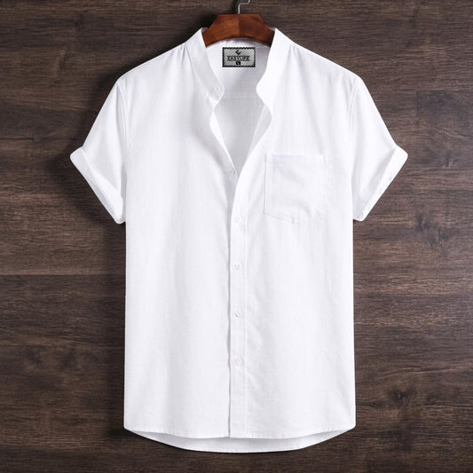 Stripe Pocket Band Collar Shirt - White