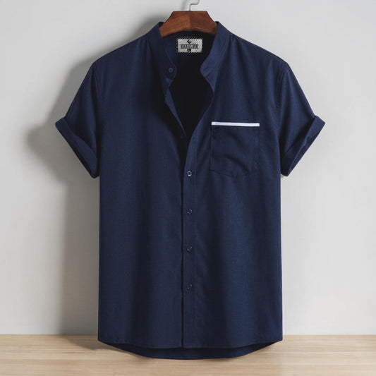 Stripe Pocket Band Collar Shirt - Navy