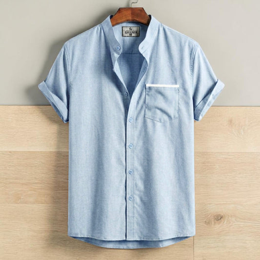 Stripe Pocket Band Collar Shirt - Sky