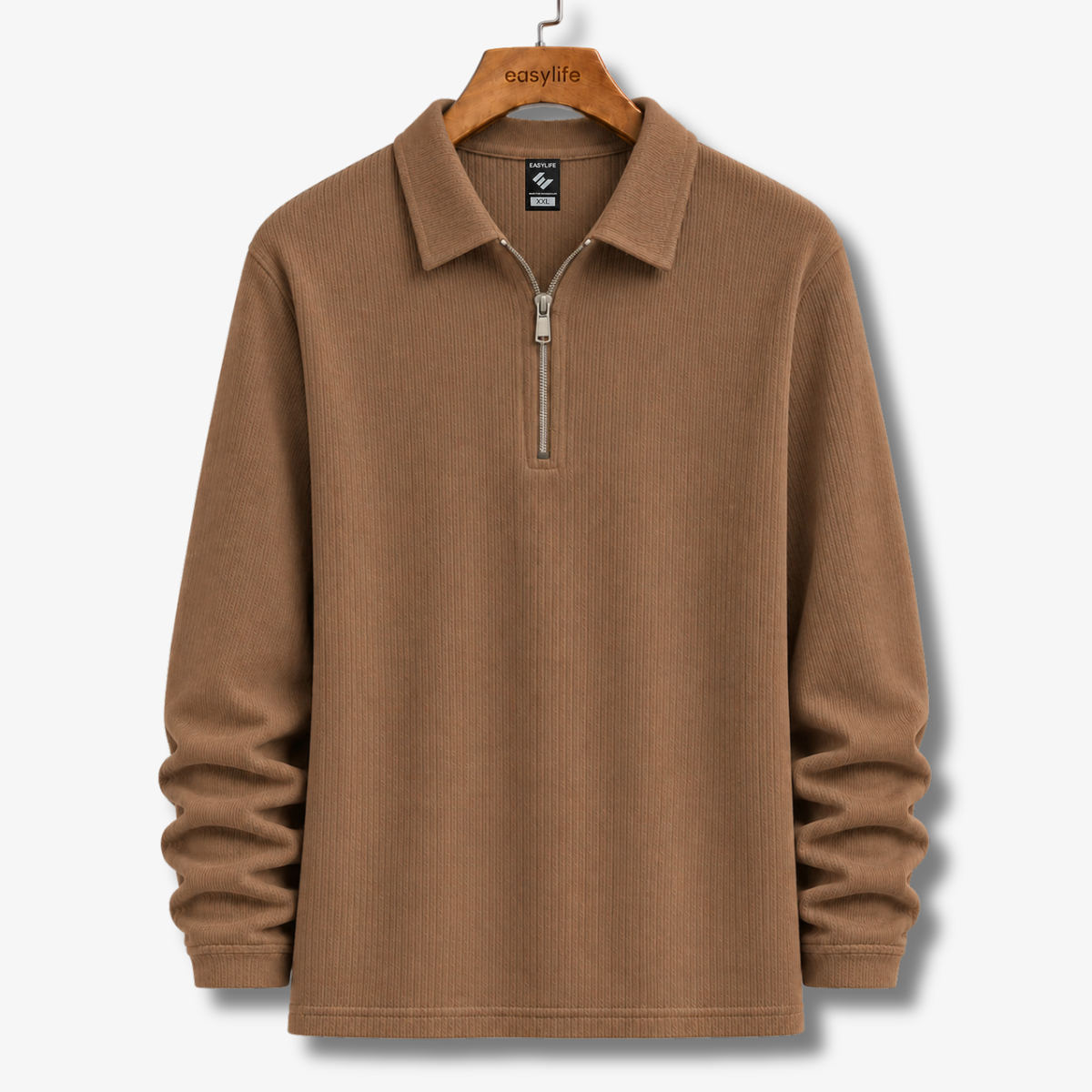 Ribbed Quarter-Zip Polo - Brown
