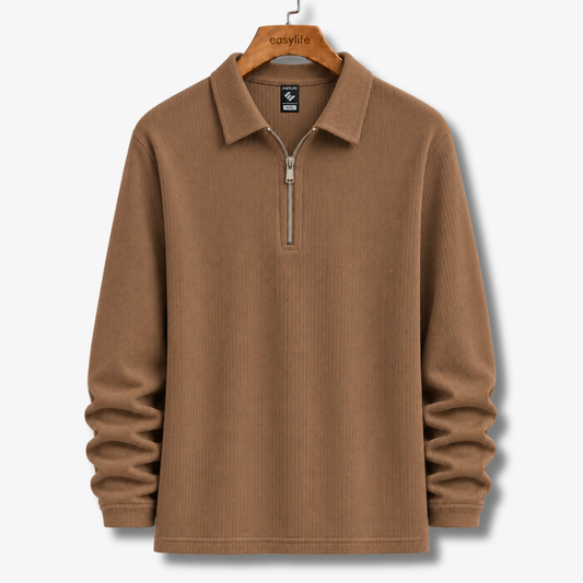 Ribbed Quarter-Zip Polo - Brown