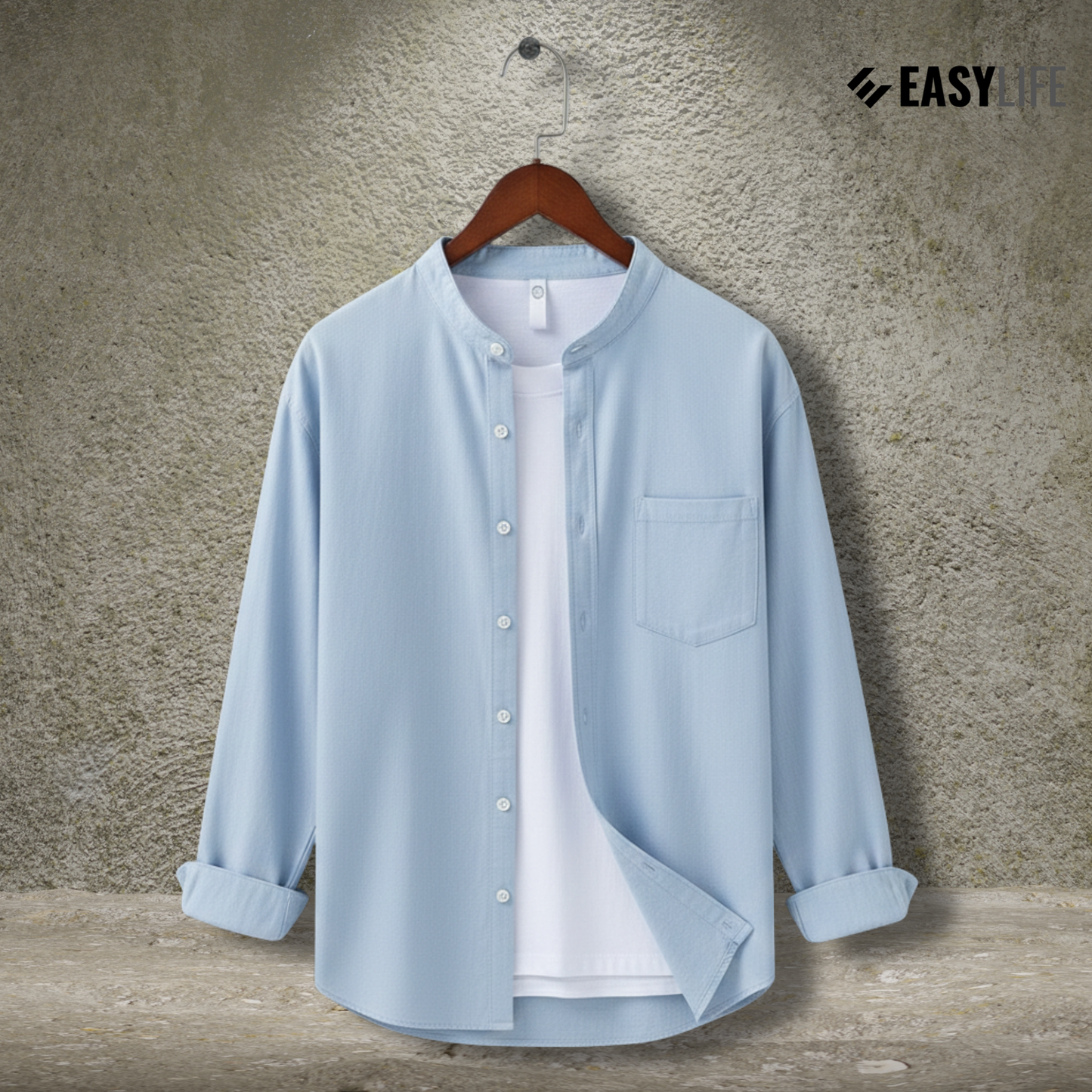 Band Collar Full Sleeve Shirt - Sky