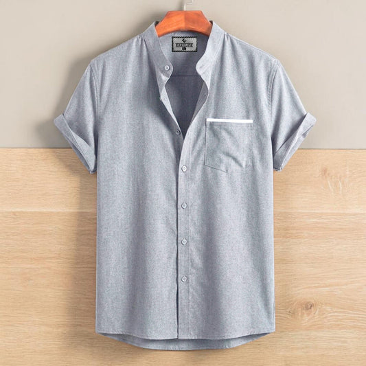 Stripe Pocket Band Collar Shirt - Ash
