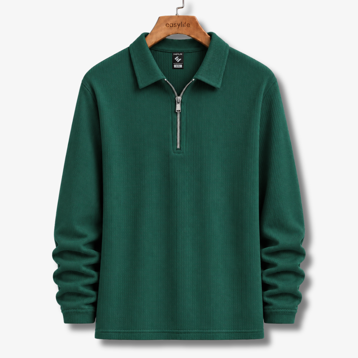 Ribbed Quarter-Zip Polo - Bottle Green