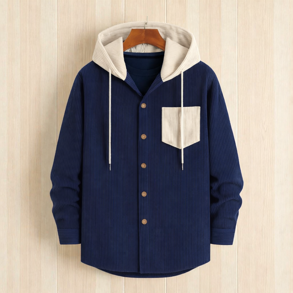 Luxury Full Sleeve Cord Hoodie -Navy Blue