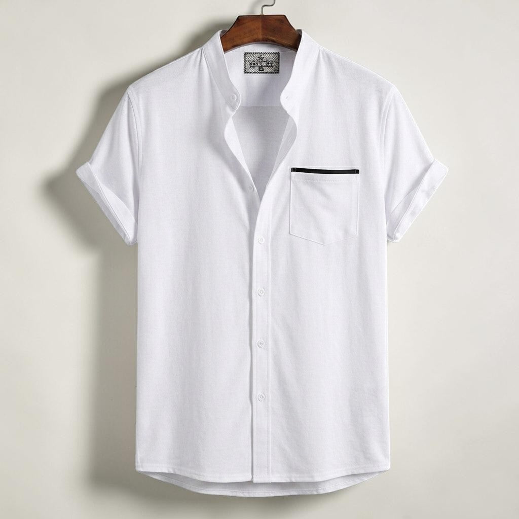 Stripe Pocket Band Collar Shirt - White – Eraman